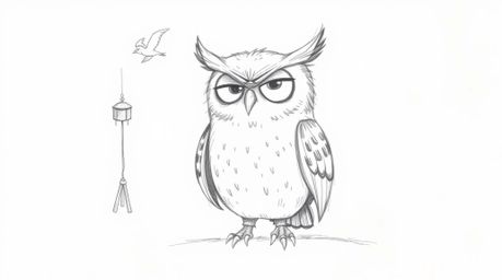 A whimsical hand-drawn sketch depicting a blind owl, rendered in a style reminiscent of Pixar animation, dedicated to teachin