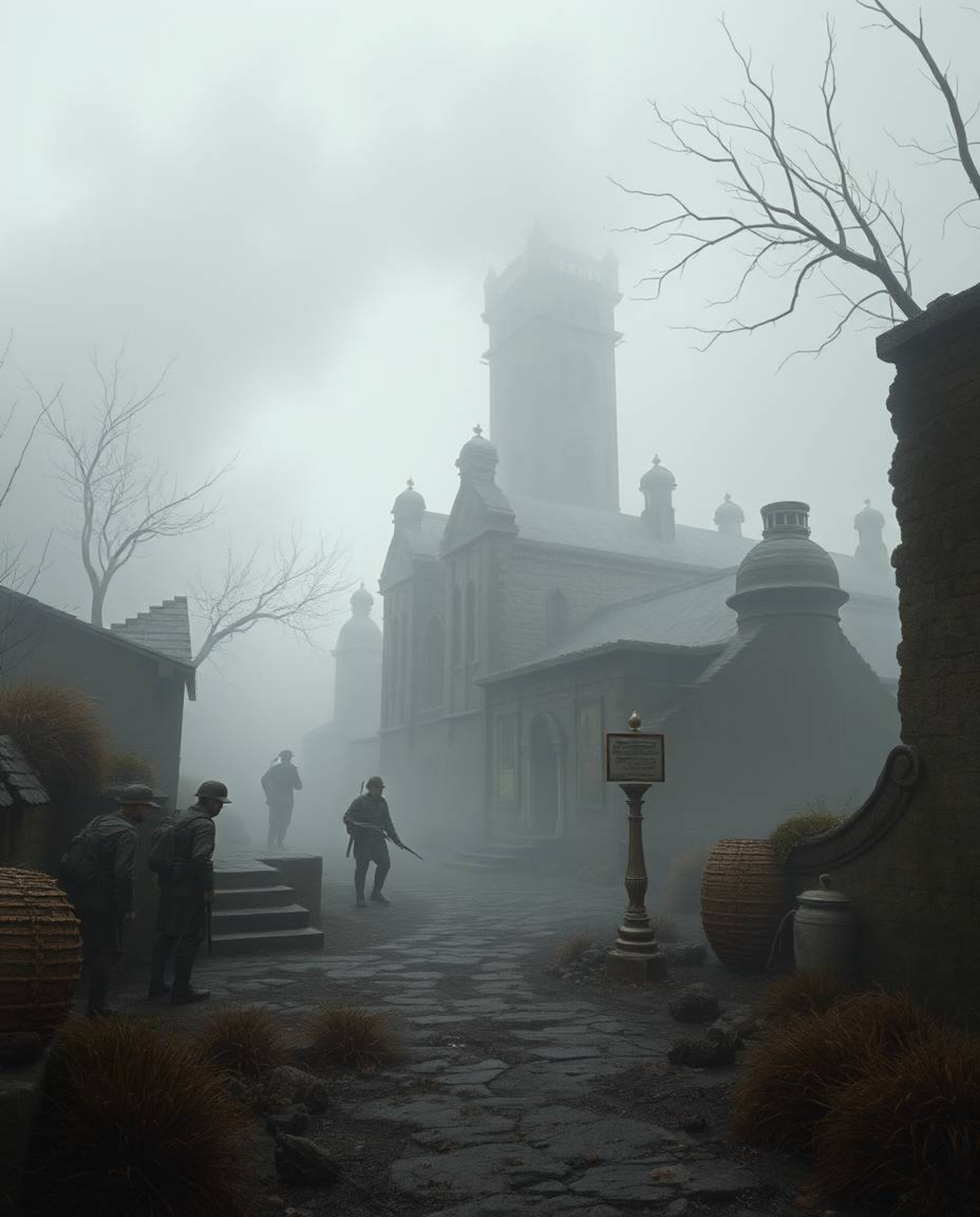 Explore a surreal battlefield where time-warped soldiers clash amidst crumbling buildings shrouded in thick fog. This artwork
