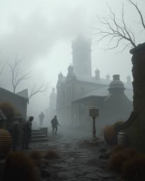 Explore a surreal battlefield where time-warped soldiers clash amidst crumbling buildings shrouded in thick fog. This artwork