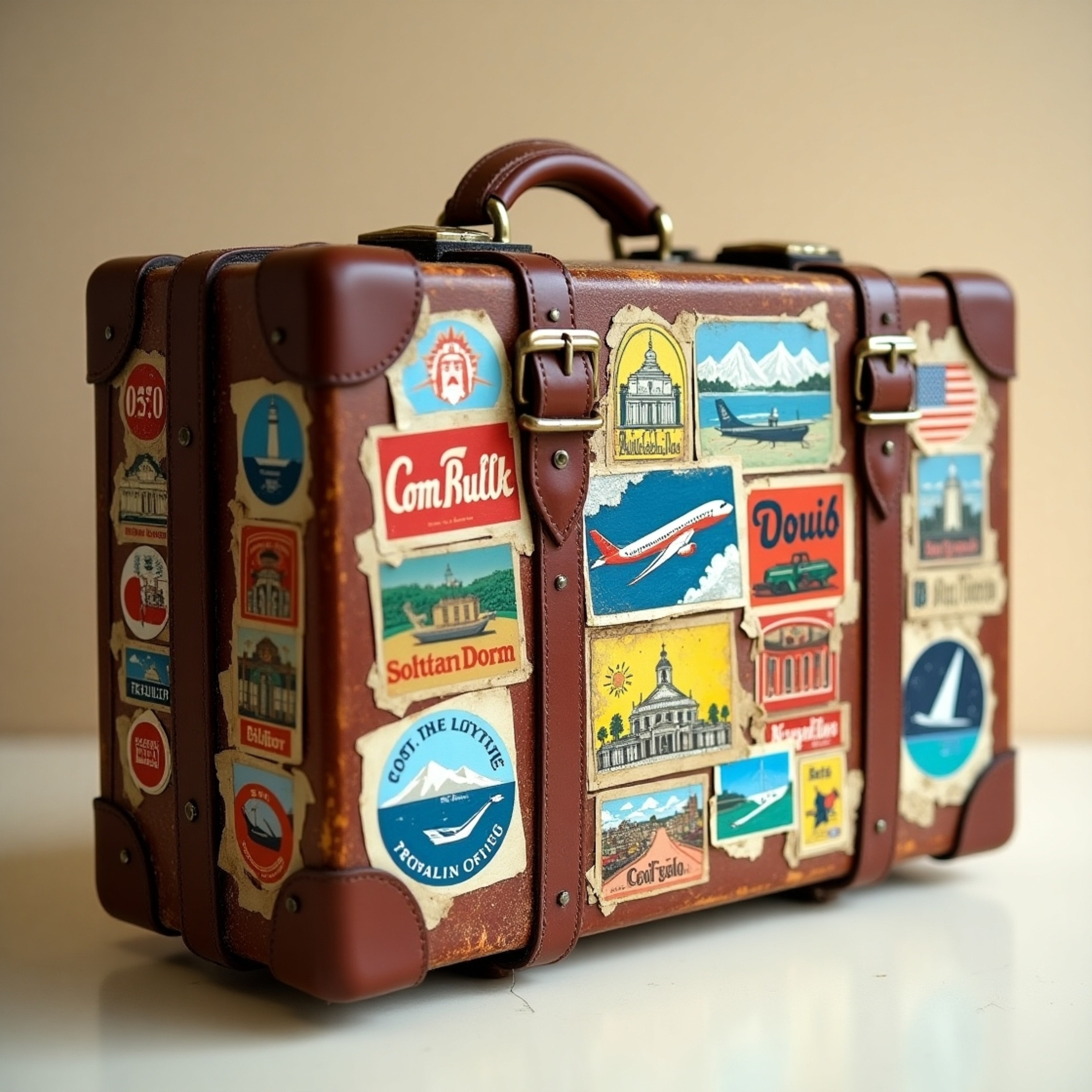 A close-up photograph showcases a vintage, worn leather suitcase adorned with peeling travel stickers from around the globe.