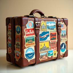 A close-up photograph showcases a vintage, worn leather suitcase adorned with peeling travel stickers from around the globe. 