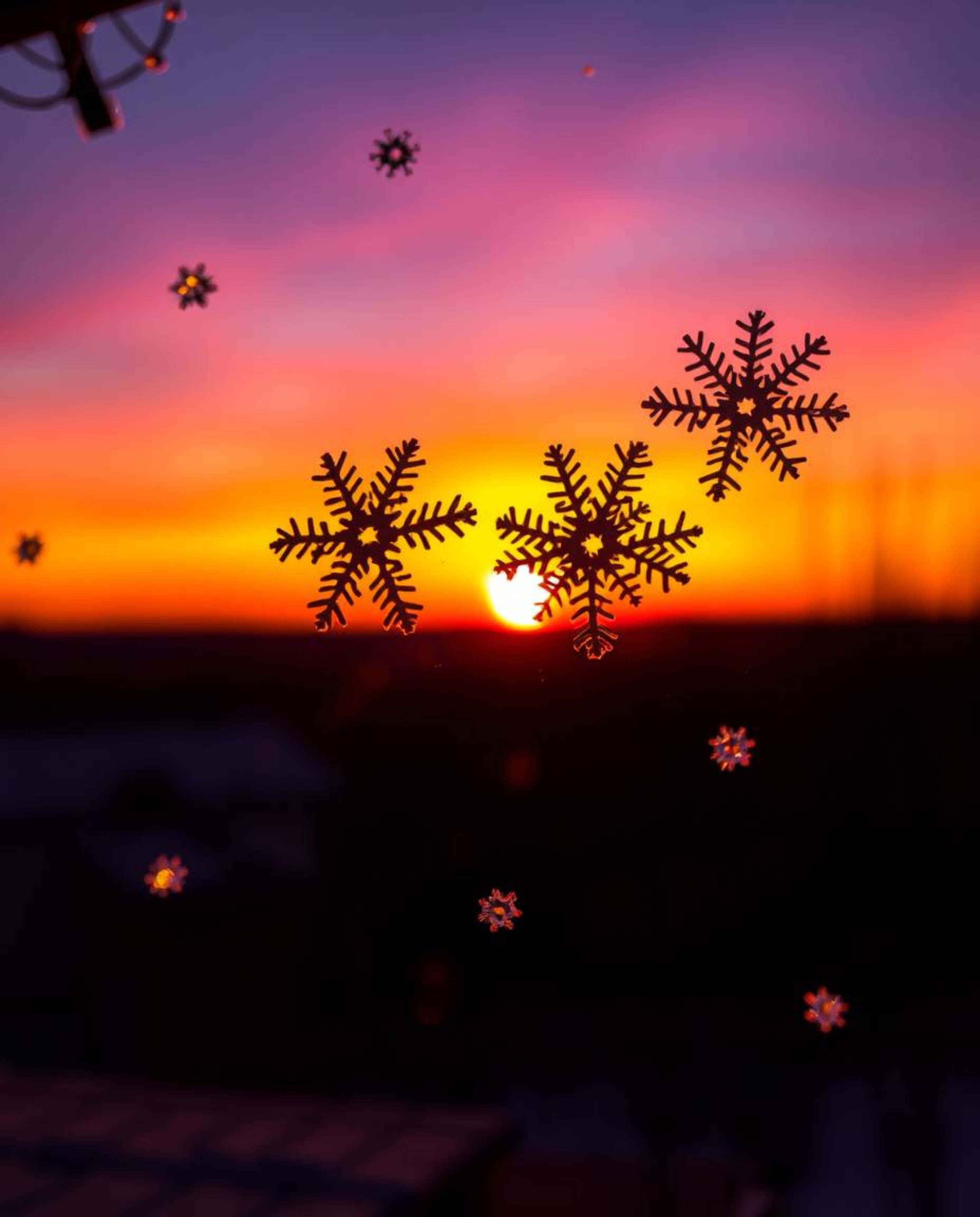 A stunning visual of silhouetted snowflakes falling during a vibrant sunset. The scene is powerfully back-lit, creating a bea