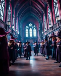 Step into a magical school teeming with young wizards, where rich burgundy and deep blue hues create a sophisticated and eleg