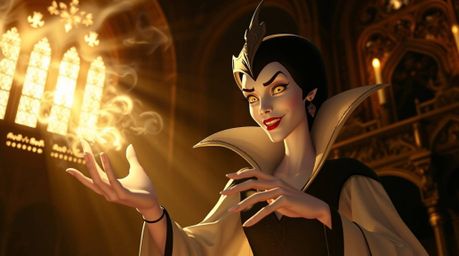 A captivating image of a classic Disney villain, ethereal and pale, casting a spell within the warm, golden glow of an ancien