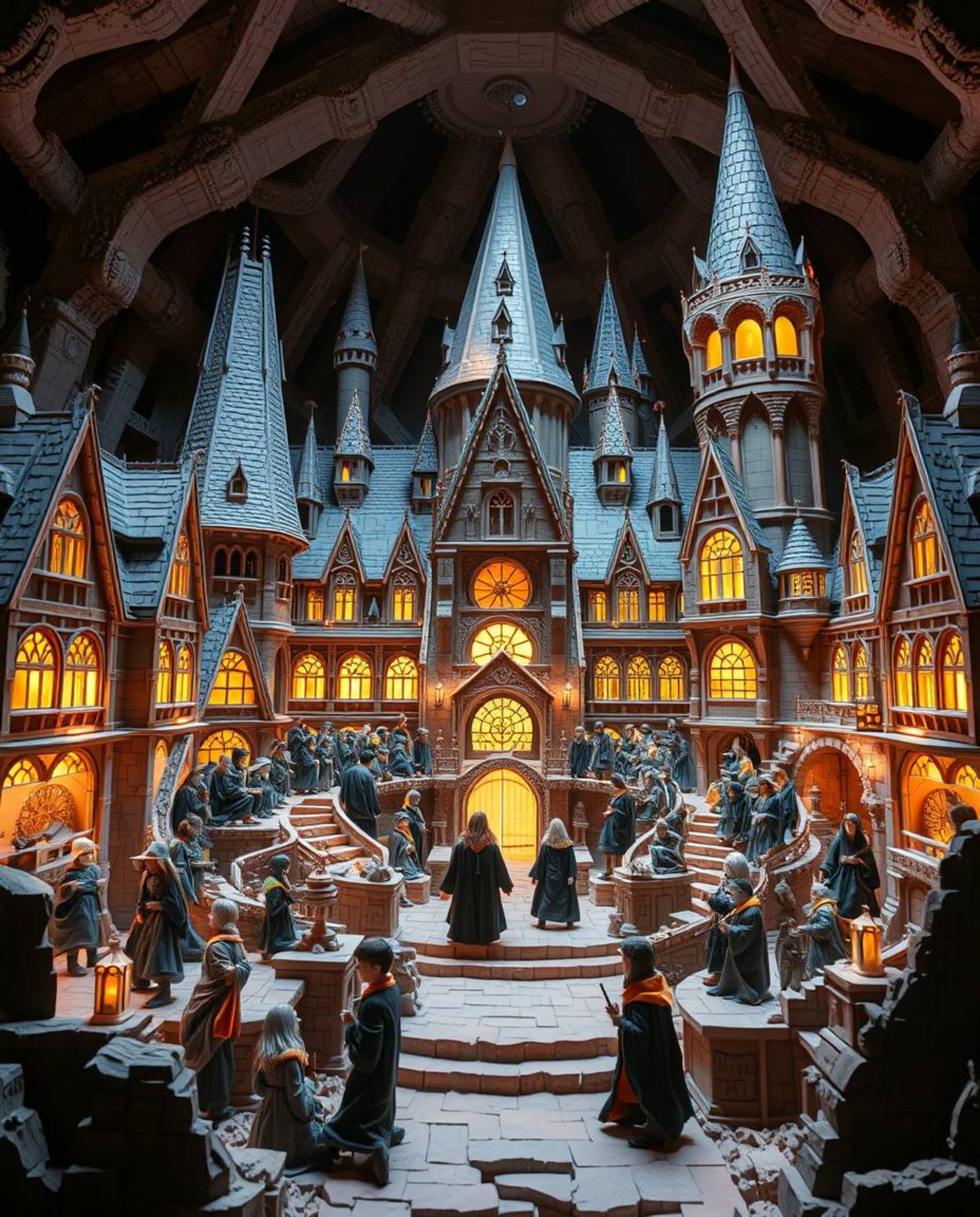 A stunning layered papier-mâché sculpture depicting a magical school brimming with young wizards, rendered in a grand, epic s