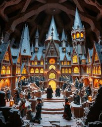 A stunning layered papier-mâché sculpture depicting a magical school brimming with young wizards, rendered in a grand, epic s