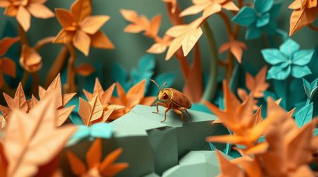 Explore a captivating world of intricate origami artwork, where a bug-sized hero ventures through a backyard jungle rendered 