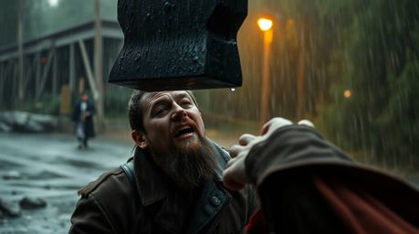 A dramatic cinematic image capturing the suspenseful moment of an anvil about to fall on a trickster character in a rain-soak