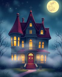 This captivating illustration showcases an adorable and charming fog-covered Victorian mansion bathed in ethereal moonlight. 