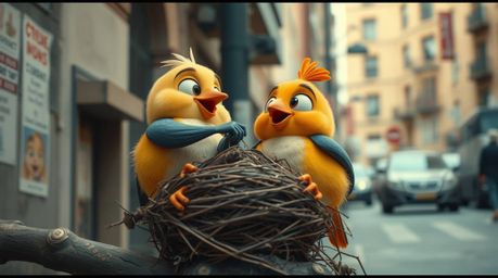 Dramatic and cinematic candid street photography captures the charming scene of two cartoon birds diligently building a nest