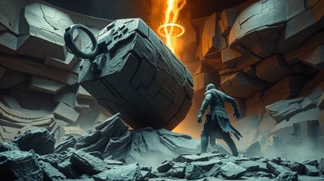 An epic scene depicting a colossal papier-mâché anvil poised to strike a trickster, rendered with sculpted, textured layers a