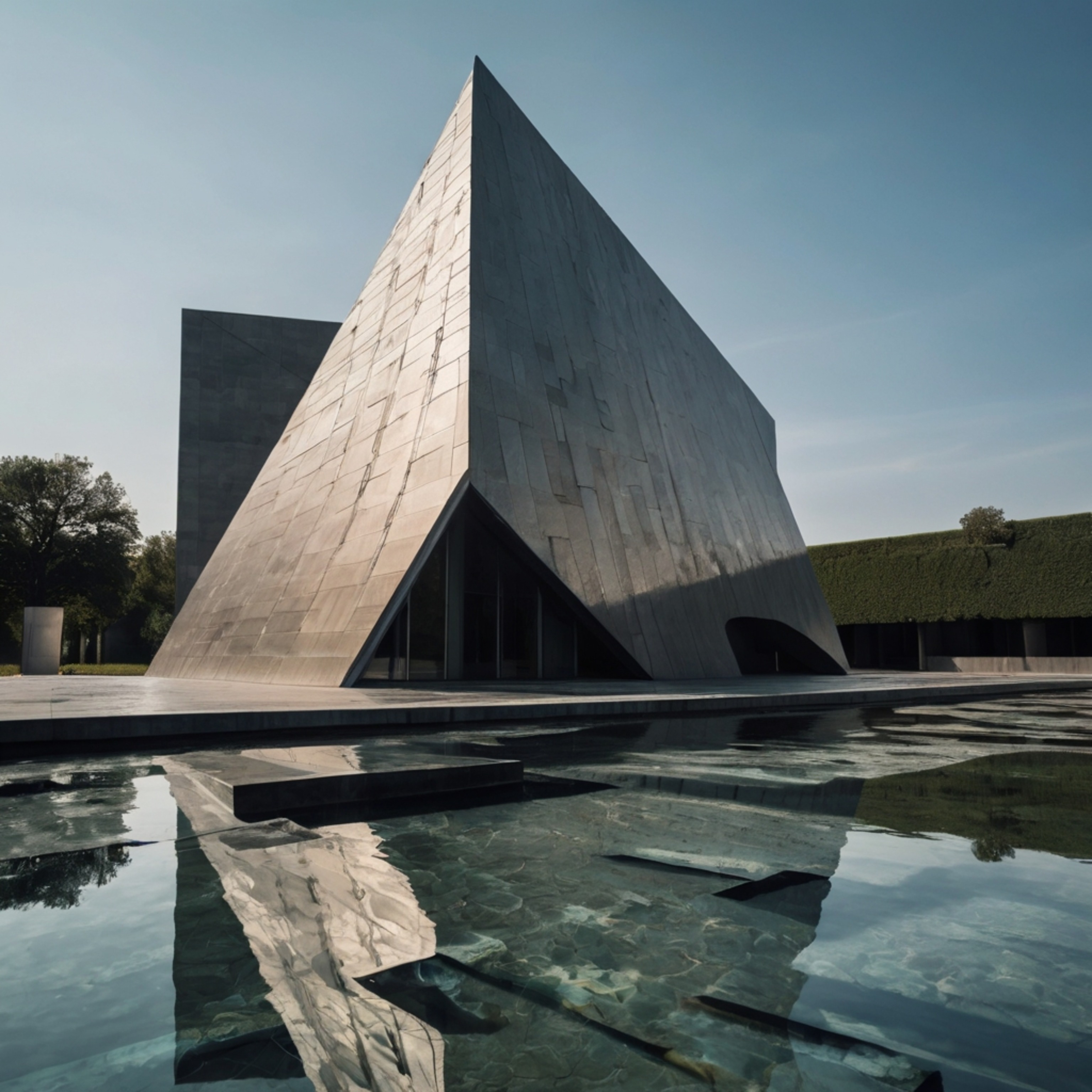 Explore this sleek and modern art museum, a stunning architectural masterpiece featuring sharp geometric angles. The building