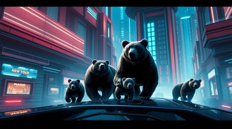 Witness an epic scene of a bear family navigating a futuristic city, showcasing rich burgundy and deep blue architecture. Thi