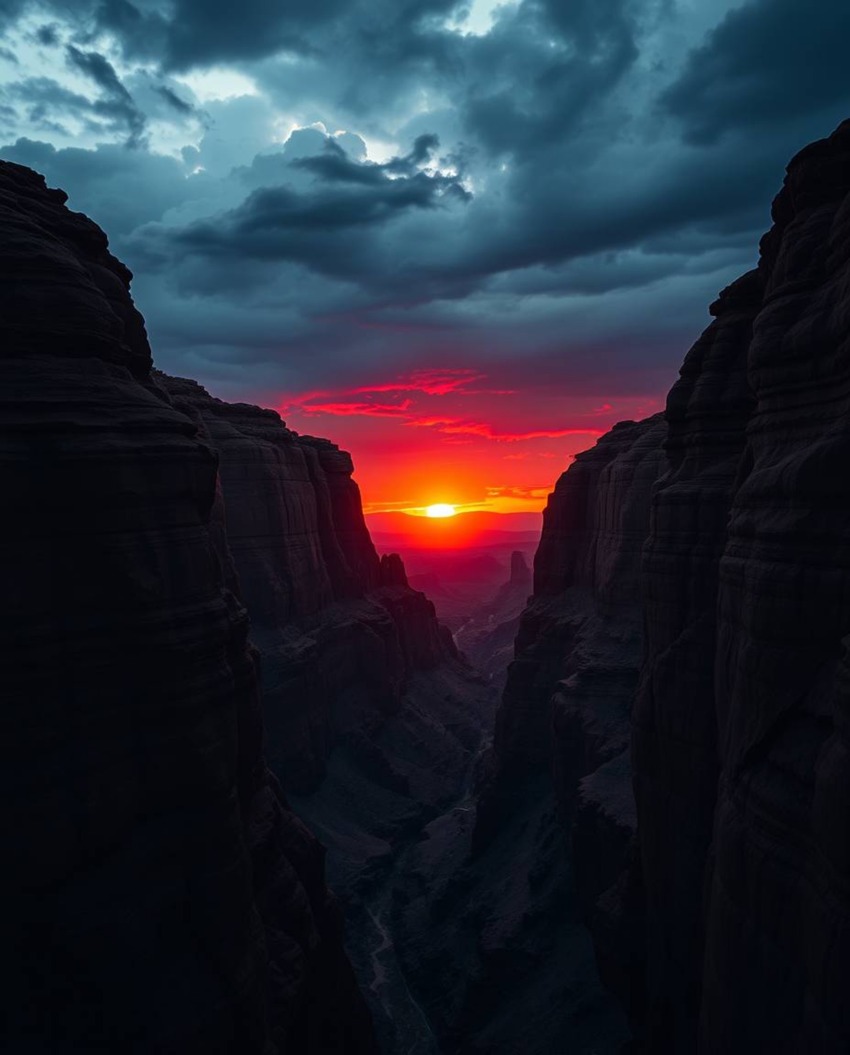 An intense and dramatic sunset illuminates sandstone cliffs in a canyon, rendered in a sophisticated and elegant style. The s