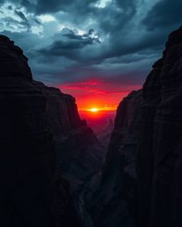 An intense and dramatic sunset illuminates sandstone cliffs in a canyon, rendered in a sophisticated and elegant style. The s