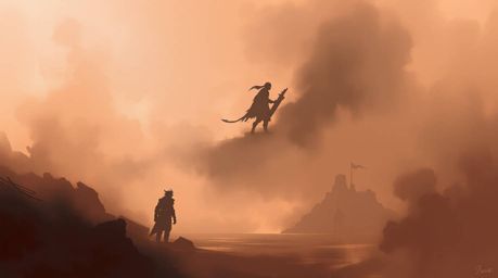 A captivating digital painting in a painterly style showcases a misty, atmospheric scene with silhouetted figures.  Created u