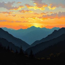 A classic oil painting in a strong, moody style depicts a breathtaking sunset over a quiet mountain valley.  The artwork feat