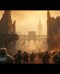 This artwork captures a scene of time-warped soldiers and crumbling buildings bathed in a warm golden glow and soft haze.  Th
