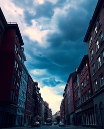 A captivating surreal street scene unfolds, featuring twisting and folding buildings beneath a dramatic, stormy sky. Rich bur