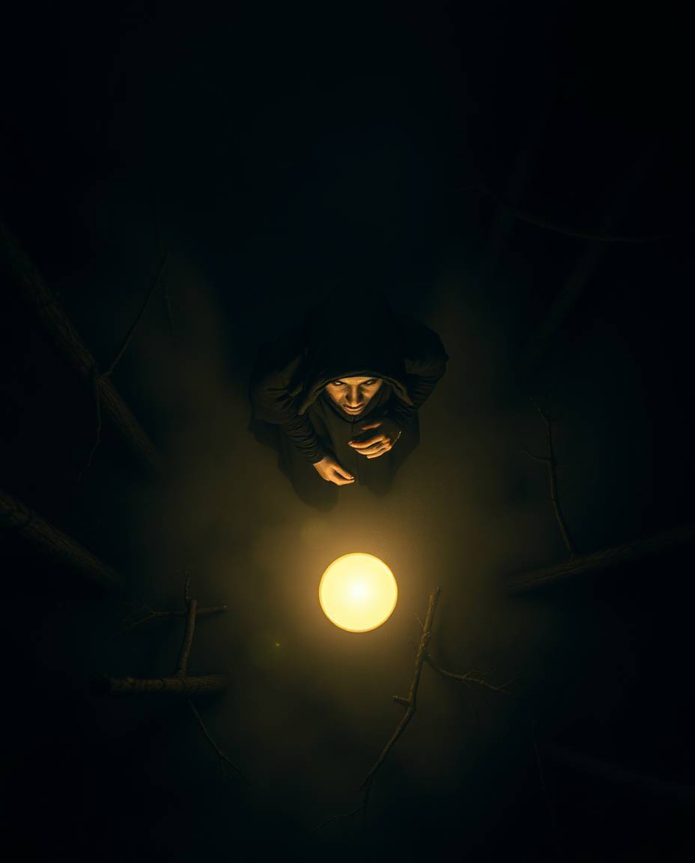 A captivating overhead bird's-eye view presents a cloaked figure in a misty forest, holding a glowing orb, rendered in a stro