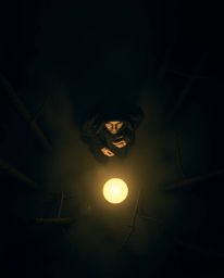 A captivating overhead bird's-eye view presents a cloaked figure in a misty forest, holding a glowing orb, rendered in a stro
