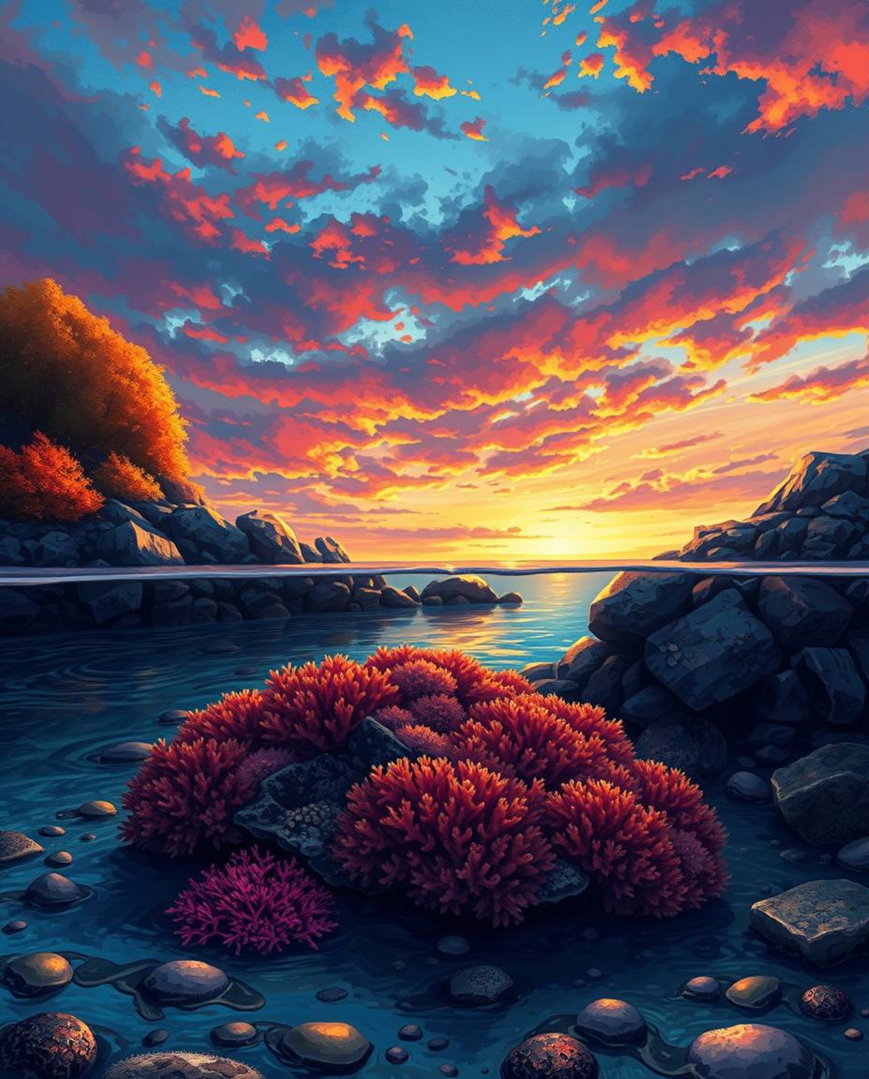 A vibrant digital painting depicts a coral reef at low tide under a colorful autumn sky. The scene is characterized by earthy