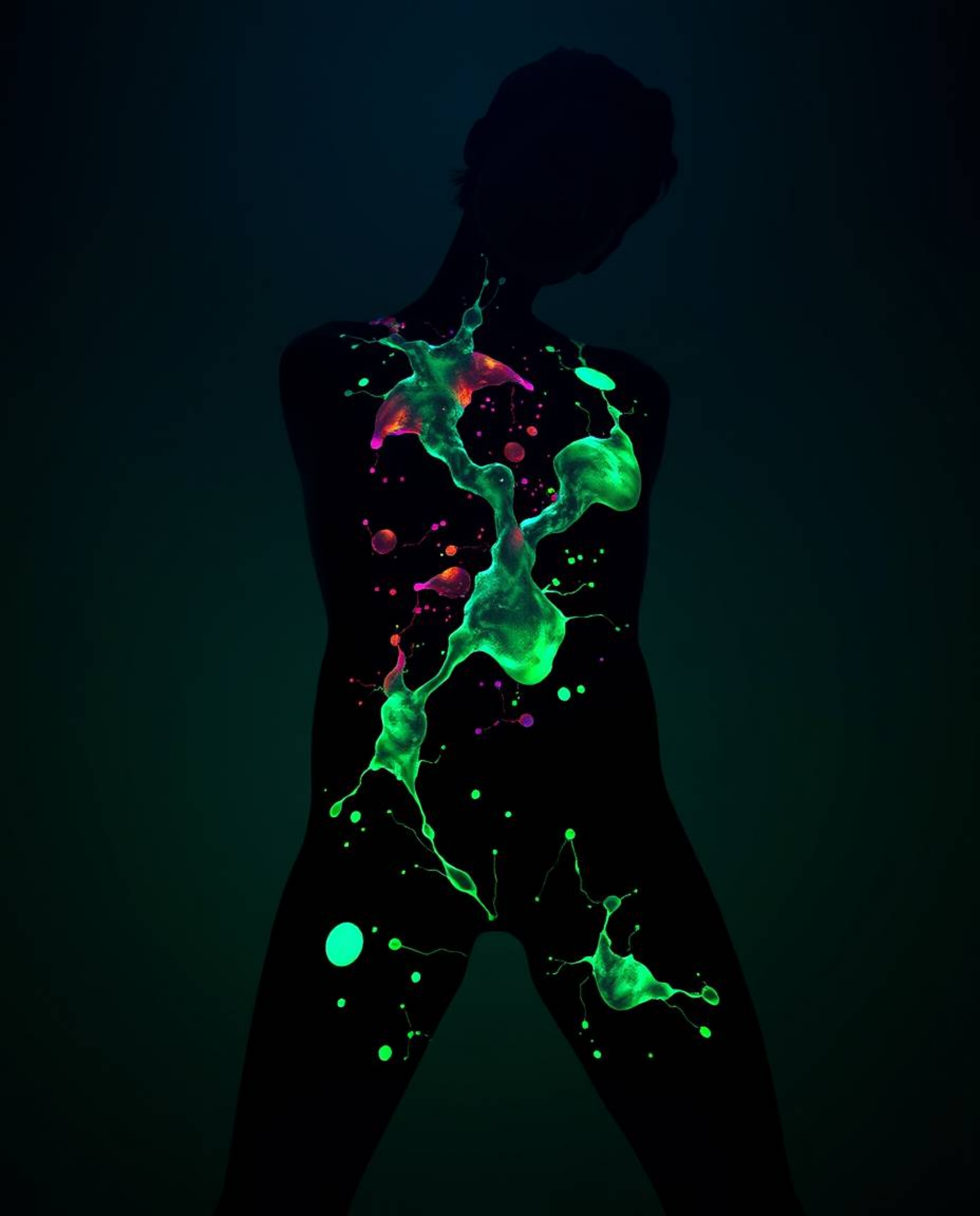 A captivating photograph showcases a human silhouette exquisitely formed by bioluminescent colorful splash patterns, rendered