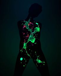 A captivating photograph showcases a human silhouette exquisitely formed by bioluminescent colorful splash patterns, rendered
