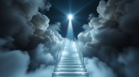 A captivating long-exposure photograph depicts a surreal stairway ascending through ethereal smoky clouds, bathed in volumetr