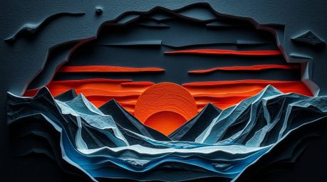 A captivating layered papier-mâché artwork depicts a dramatic sunset over icy polar glaciers.  The sculpted, textured layers 
