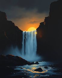 In a classic oil painting style with high contrast and low-key lighting, a sun sets behind a dramatic waterfall. The piece is