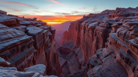 Experience the magic of a rocky canyon bathed in warm sunset hues.  Vibrant complementary colors create a mystic, enchanting 