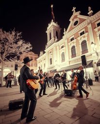 Experience a surreal and captivating close-up of a vibrant musical performance in a bright town square.  Filmed in striking i