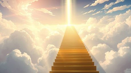 Experience a breathtaking isekai-inspired scene: a golden staircase ascends through soft, dreamy clouds towards a glowing hea