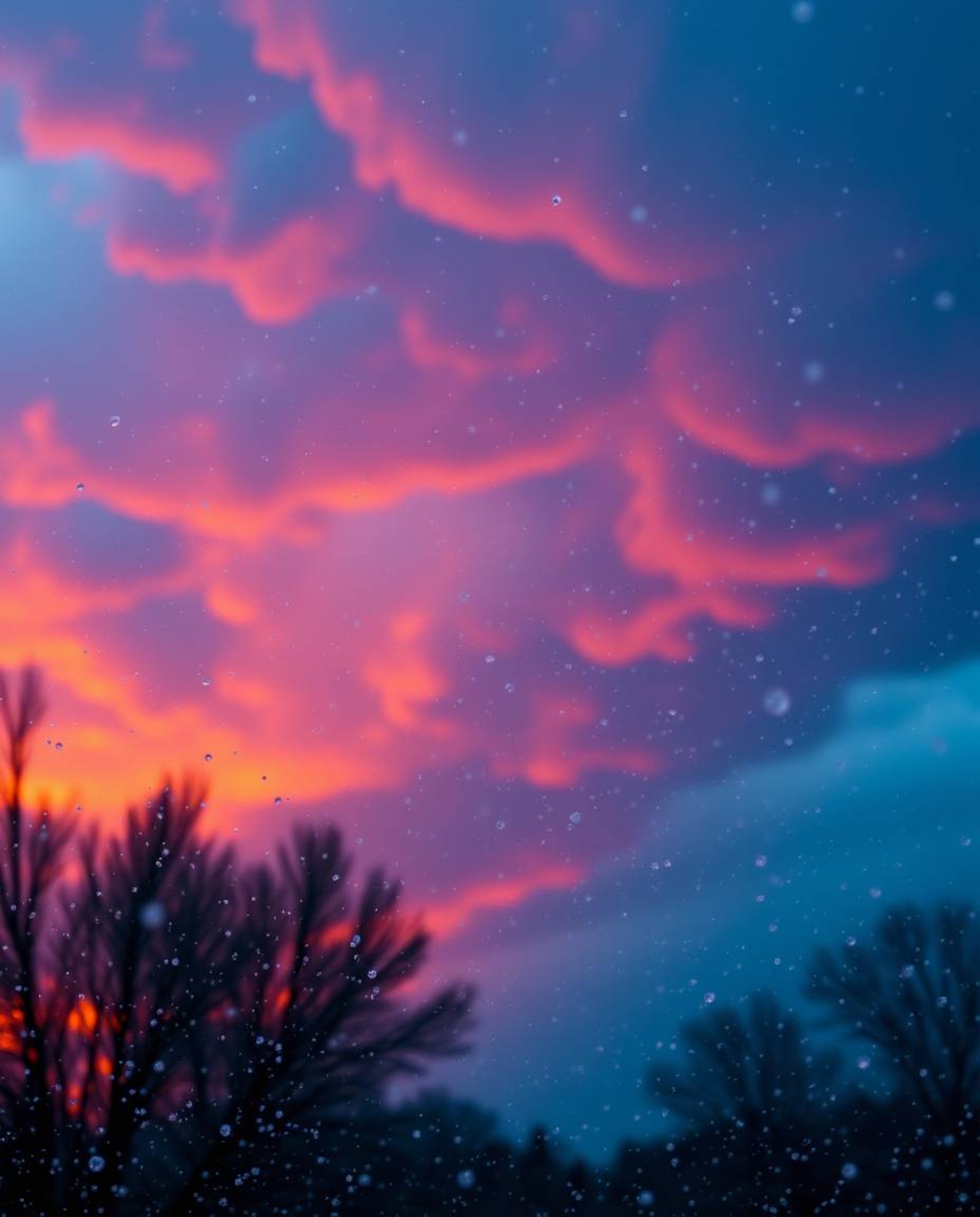 Snowflakes fall during a vibrant sunset against a stormy sky, creating a dramatic contrast between warm terracotta and cool t