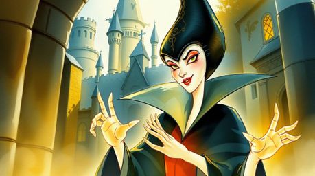 A delicate watercolor painting depicts a classic Disney villain with soft features and pale skin, casting a spell within an a