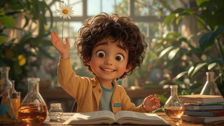 a vibrant, whimsical, and highly detailed photograph reminiscent of Pixar's stylized realism, depicting a bright-eyed, homesc