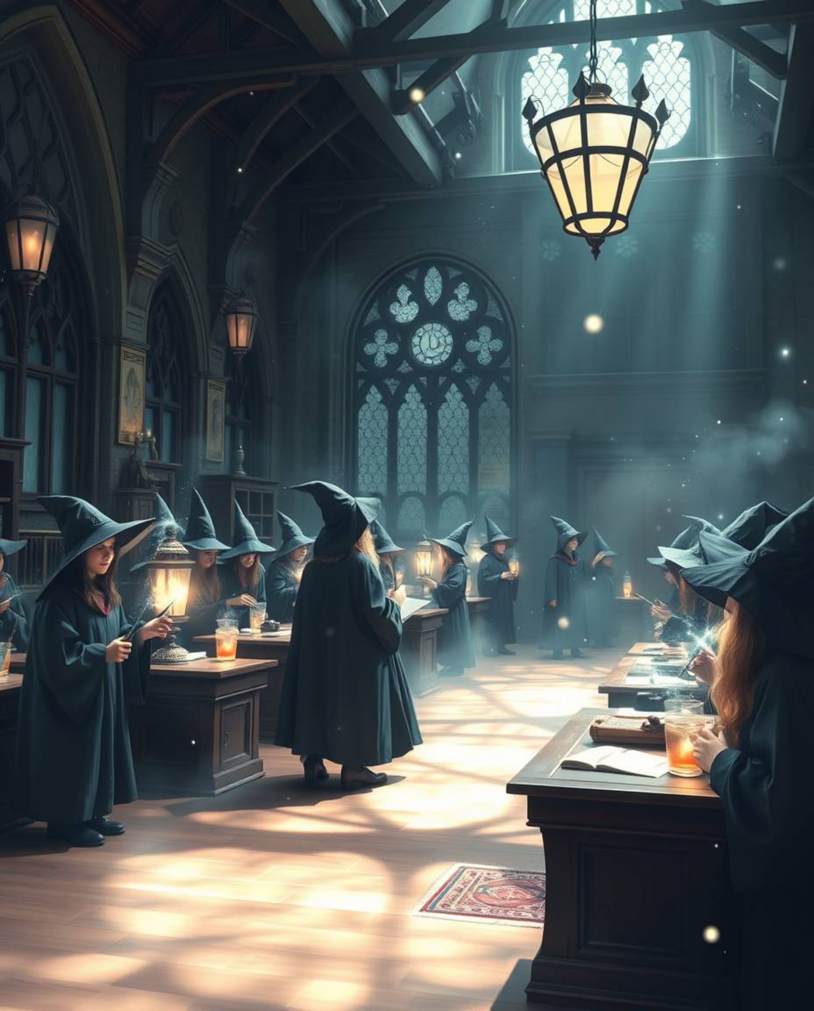 This high-resolution stock photo captures an ethereal and spiritual magical school teeming with young wizards. The image evok