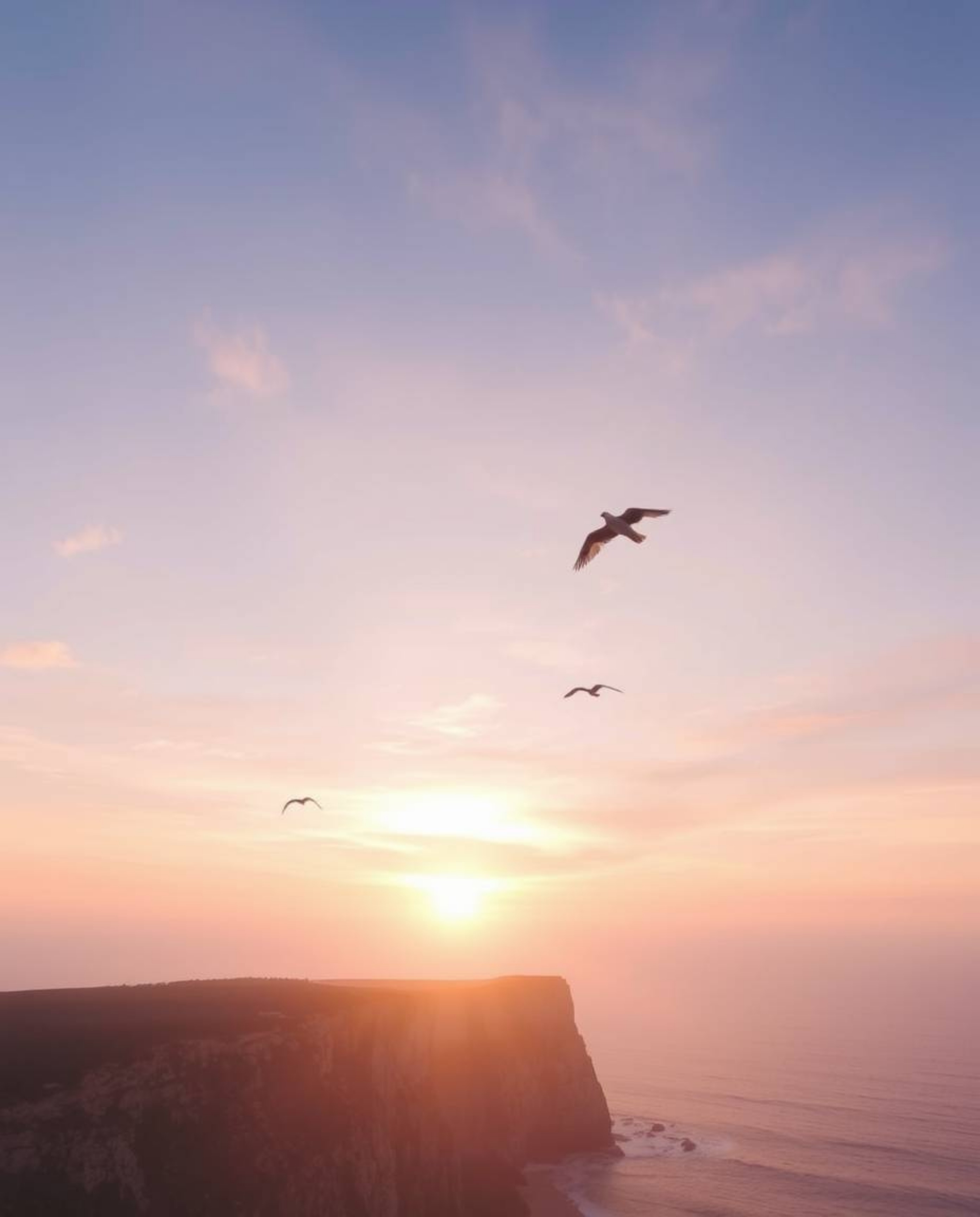This is an ethereal and spiritual depiction of a sunset over a coastal cliff, complete with soaring birds. The scene is rende