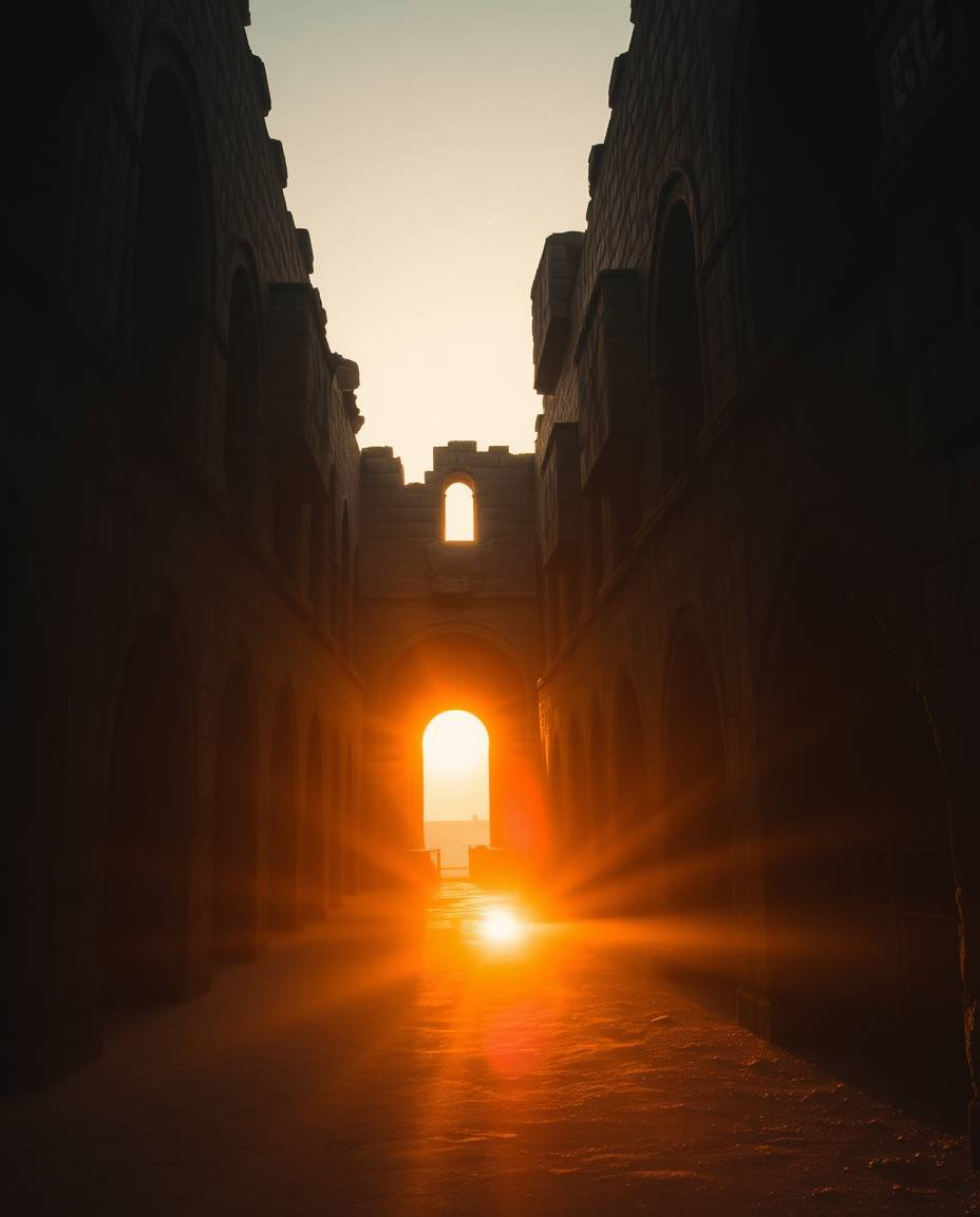 An eerie, creepy atmosphere is created by the warm golden hour light as a sunset casts shadows through ancient stone ruins. T