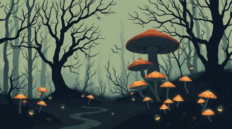 Discover a captivating vintage-style enchanted forest illustration featuring a modern flat design.  The artwork boasts a subt