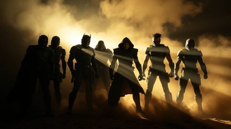 A captivating image depicts a team of unlikely heroes uniting, illuminated by dramatic split volumetric lighting.  Visible li