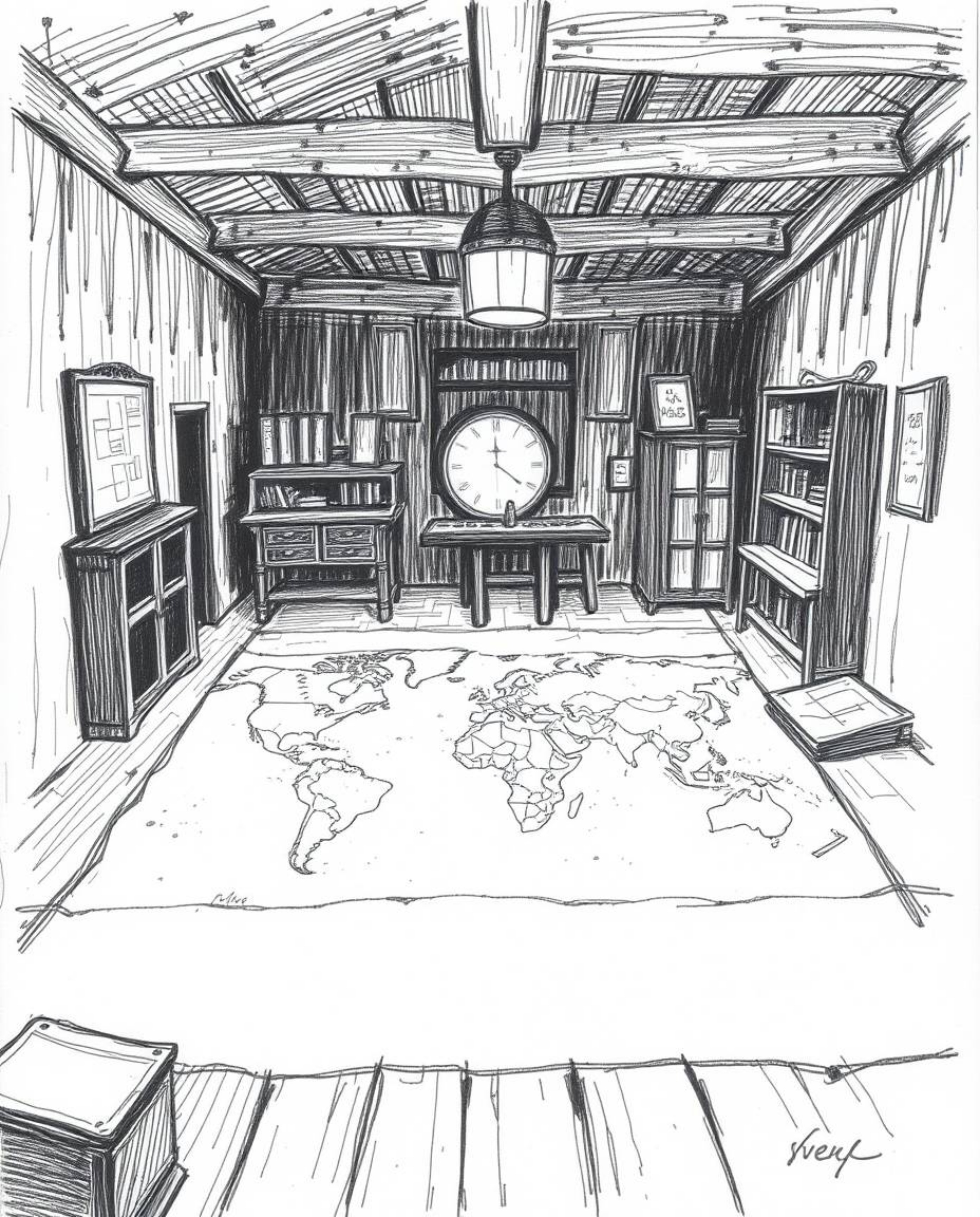 Explore a hand-drawn sketch depicting a glowing map projected within the confines of an old study, evoking an eerie and creep
