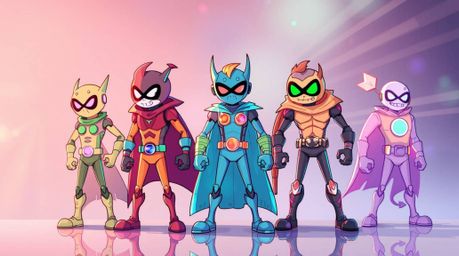 A captivating illustration depicts a diverse team of misfit heroes uniting.  The artwork is vibrant with iridescent colors an