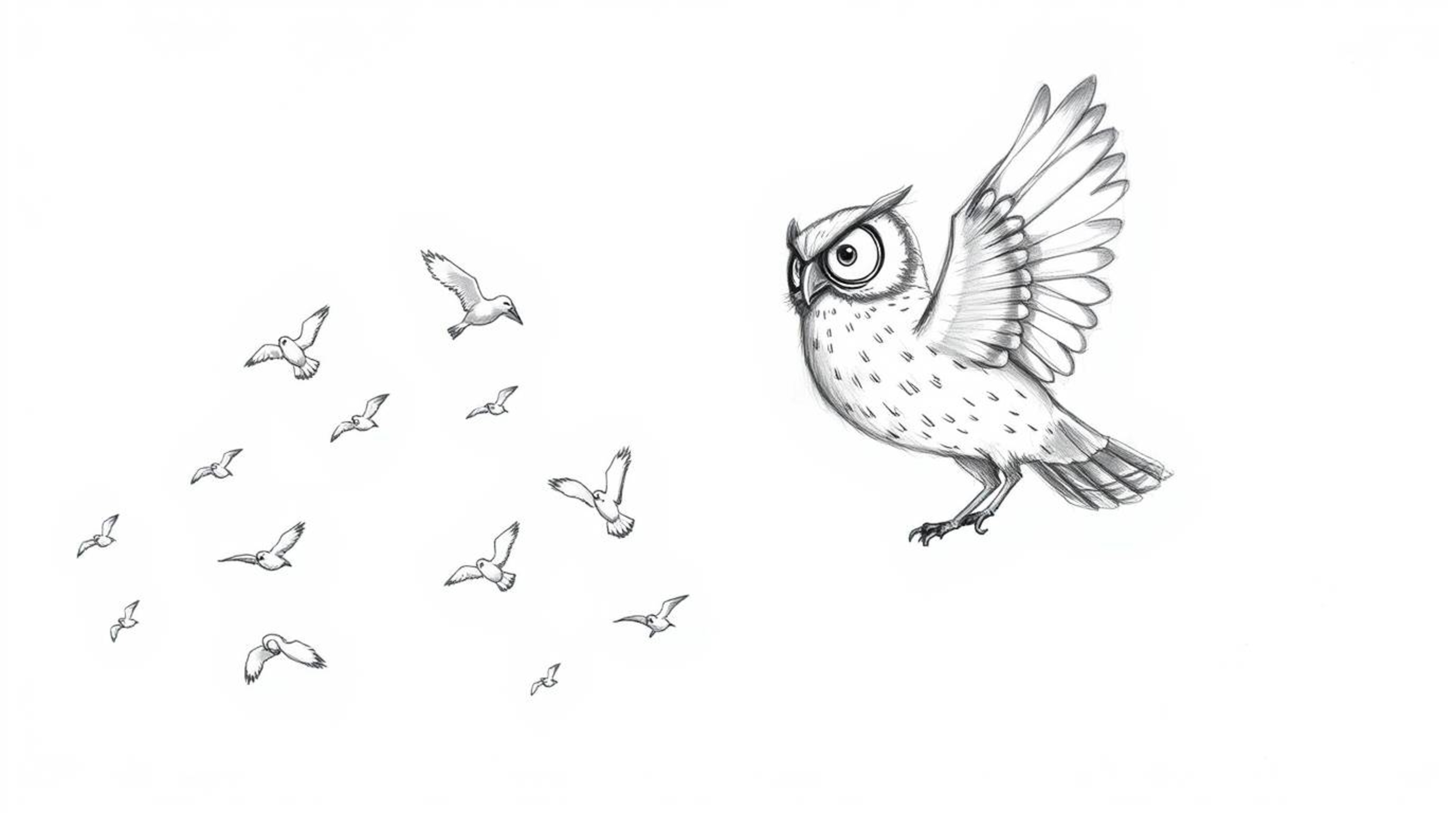 A charming hand-drawn pencil sketch in the style of Pixar, depicting a blind owl expertly guiding a flock of birds in flight.