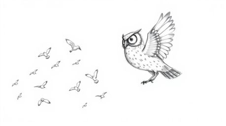 A charming hand-drawn pencil sketch in the style of Pixar, depicting a blind owl expertly guiding a flock of birds in flight.