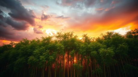 Experience the raw power and beauty of nature in this photograph capturing a bamboo forest during a dramatic sunset. The scen