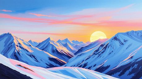 This stunning acrylic painting captures the majestic beauty of snow-covered mountains bathed in the ethereal glow of a pastel