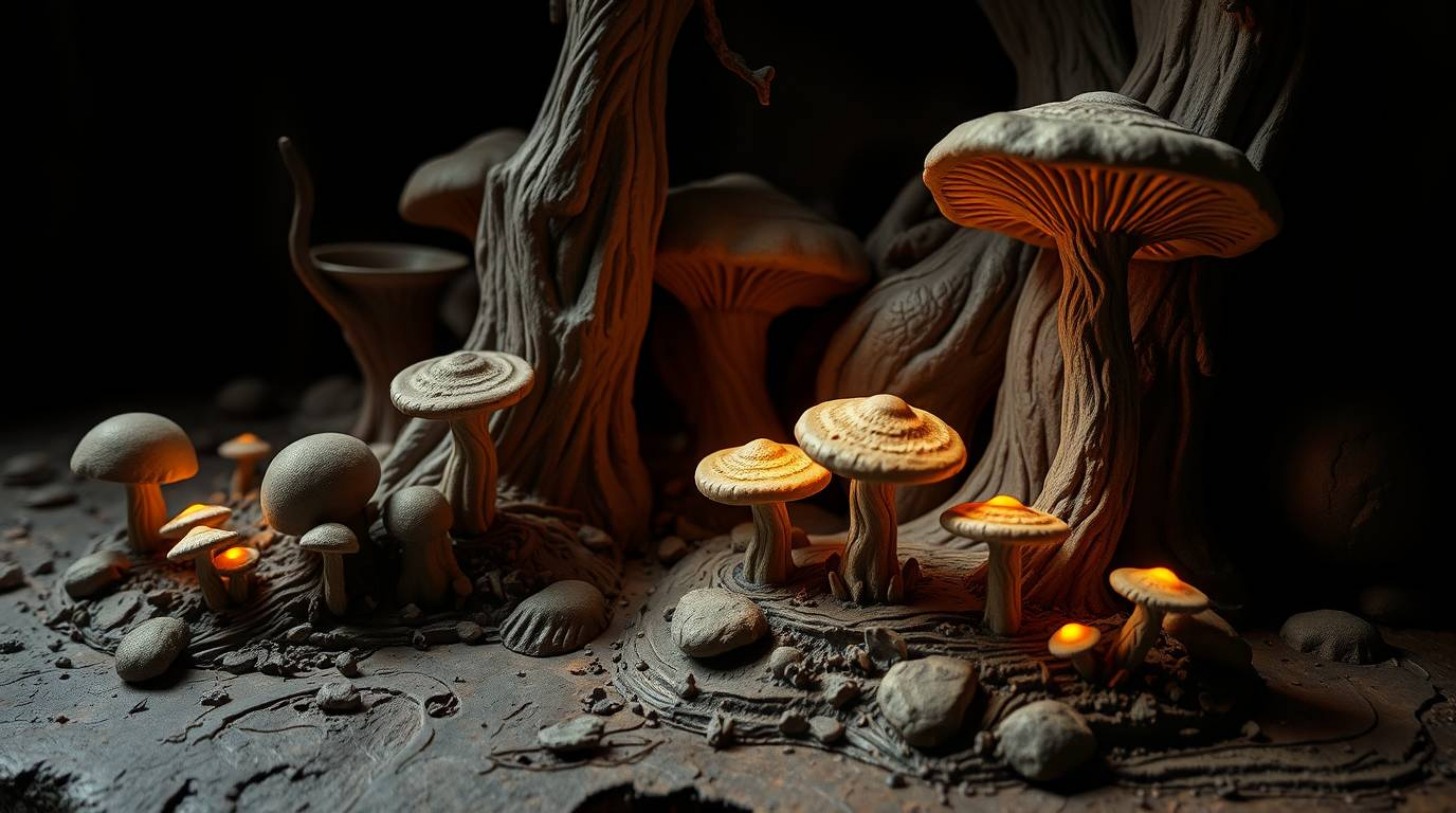 Discover stunning sculptural clay artwork depicting a vintage enchanted forest. Glowing mushrooms illuminate the scene, enha