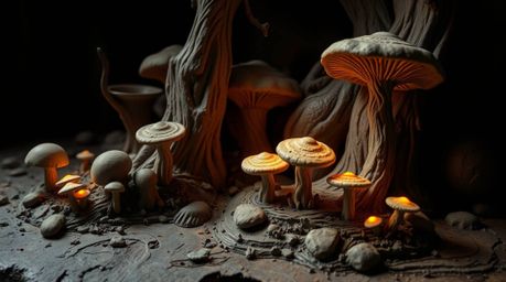 Discover stunning sculptural clay artwork depicting a vintage enchanted forest.  Glowing mushrooms illuminate the scene, enha